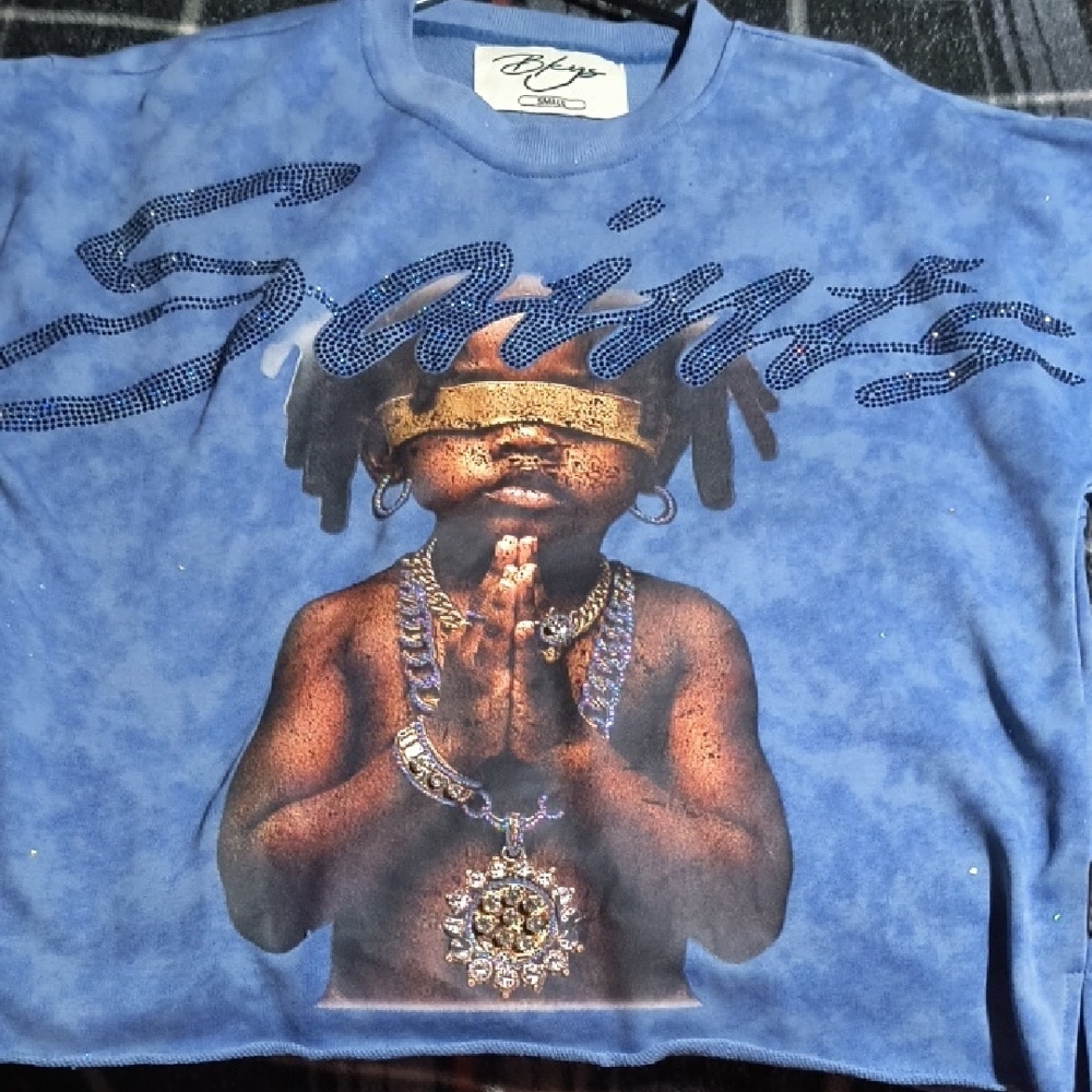 Bkys Blue Short Sleeve Tee with Embellished Graphic